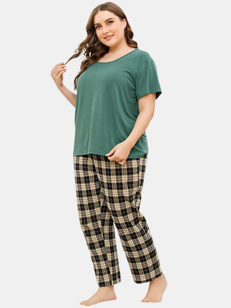 Plus Size Damskie Solid Color Top Z Krótkim Rękawem Plaid Drukowanie Dwuczęściowy Domowy Zestaw Piżamy