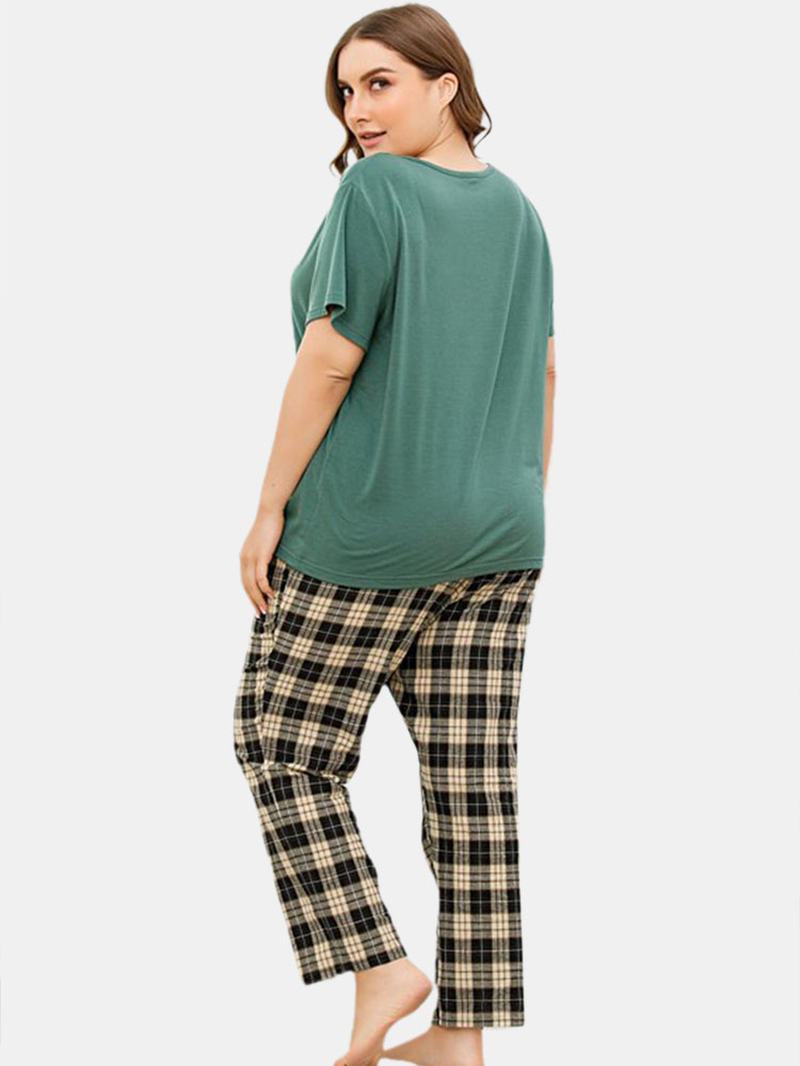 Plus Size Damskie Solid Color Top Z Krótkim Rękawem Plaid Drukowanie Dwuczęściowy Domowy Zestaw Piżamy