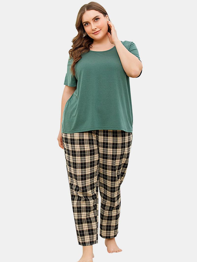 Plus Size Damskie Solid Color Top Z Krótkim Rękawem Plaid Drukowanie Dwuczęściowy Domowy Zestaw Piżamy