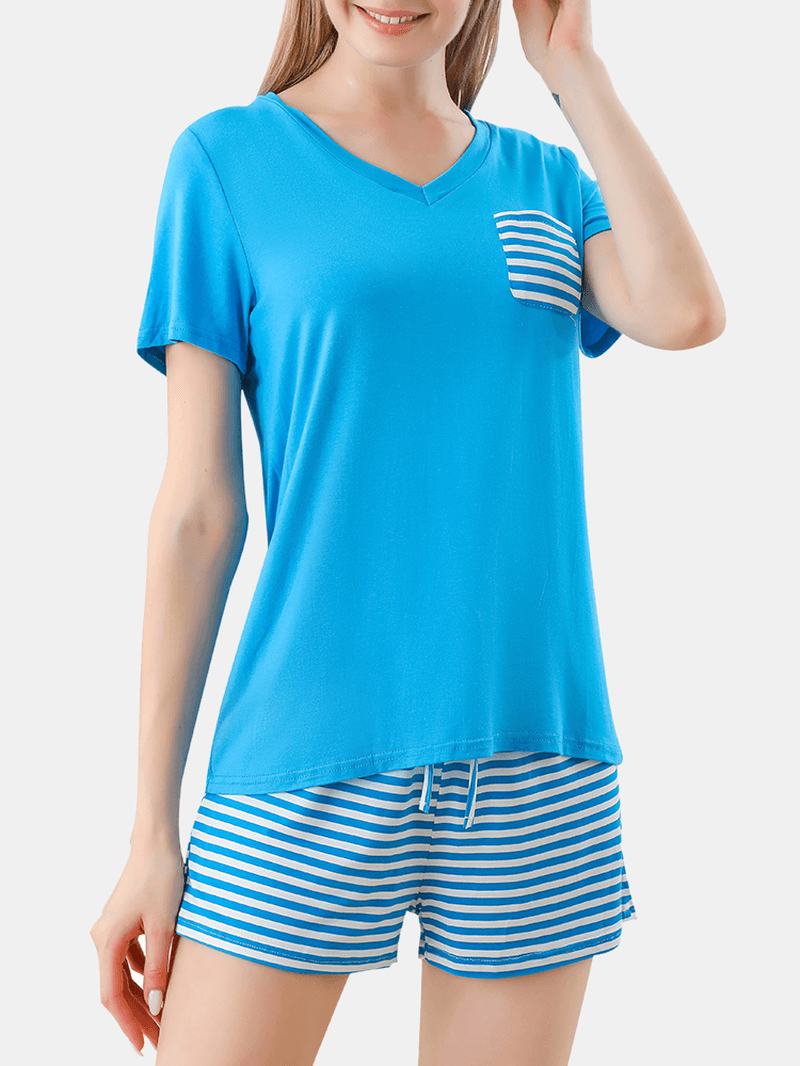 Plus Size Damskie Solid Color V-neck Top Stripe Szorty Ze Sznurkiem Do Domu Zestaw Piżamy