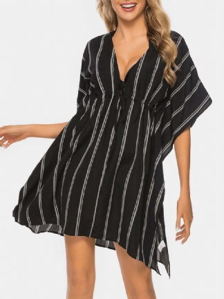 Plus Size Damskie Striped Front Tie Bat Sleeve Luźna Osłona Przeciwsłoneczna Ups