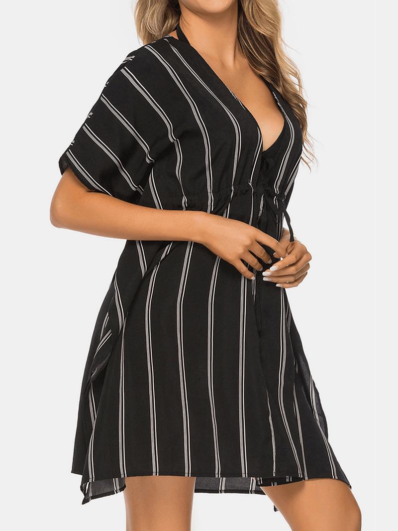 Plus Size Damskie Striped Front Tie Bat Sleeve Luźna Osłona Przeciwsłoneczna Ups