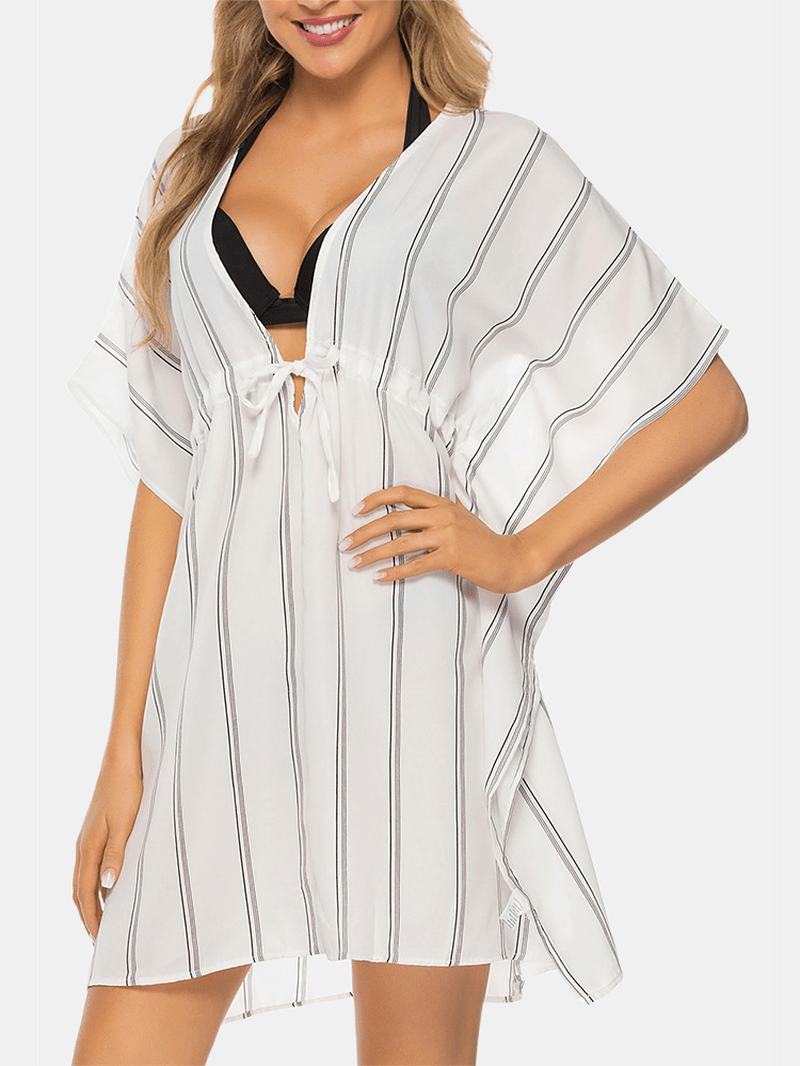 Plus Size Damskie Striped Front Tie Bat Sleeve Luźna Osłona Przeciwsłoneczna Ups