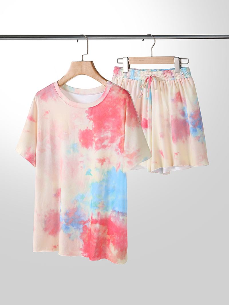 Plus Size Damskie Tie-dye Z Krótkim Rękawem I Sznurkiem Dorywczo Zestaw Piżamy