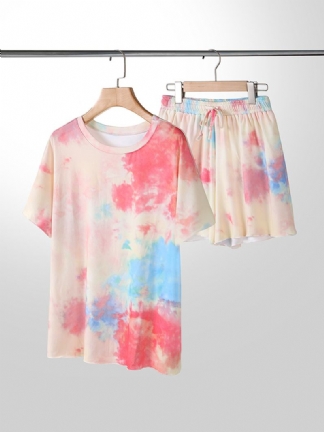 Plus Size Damskie Tie-dye Z Krótkim Rękawem I Sznurkiem Dorywczo Zestaw Piżamy