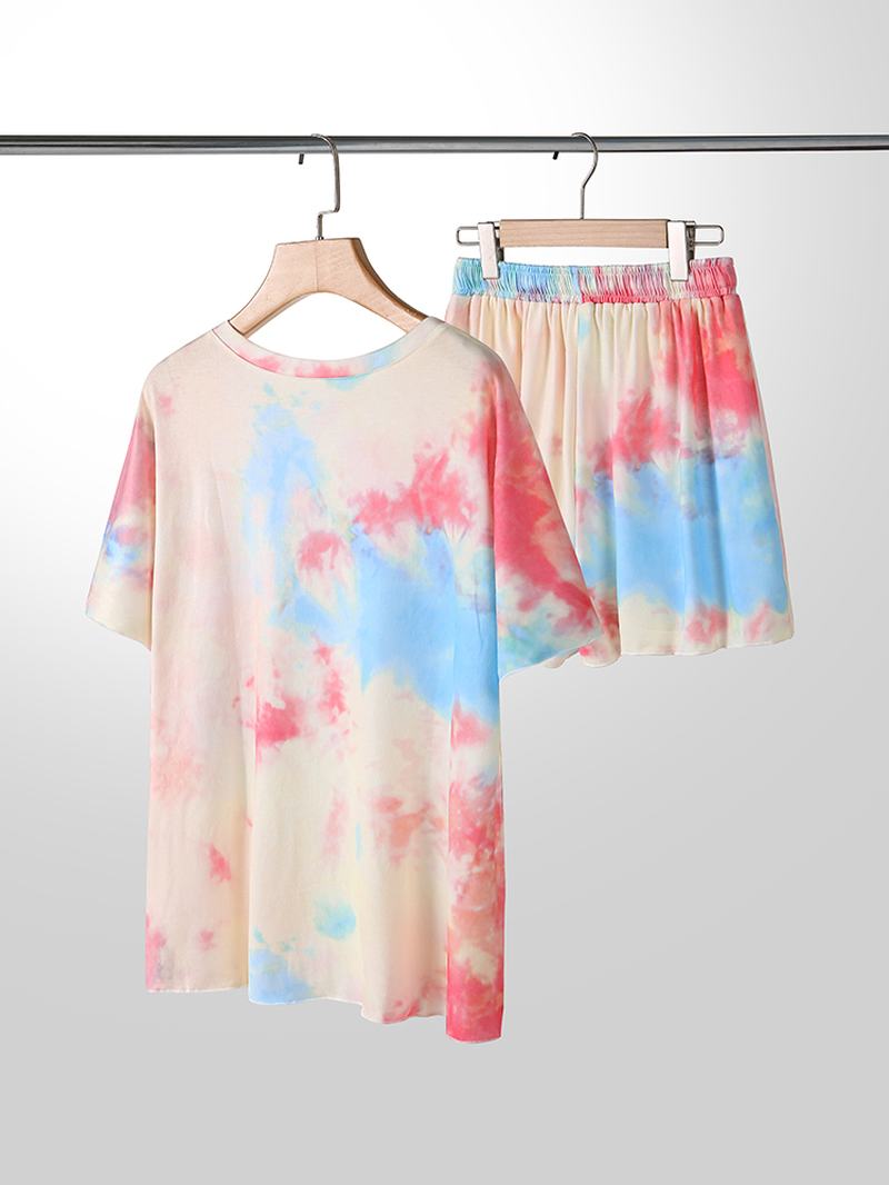 Plus Size Damskie Tie-dye Z Krótkim Rękawem I Sznurkiem Dorywczo Zestaw Piżamy