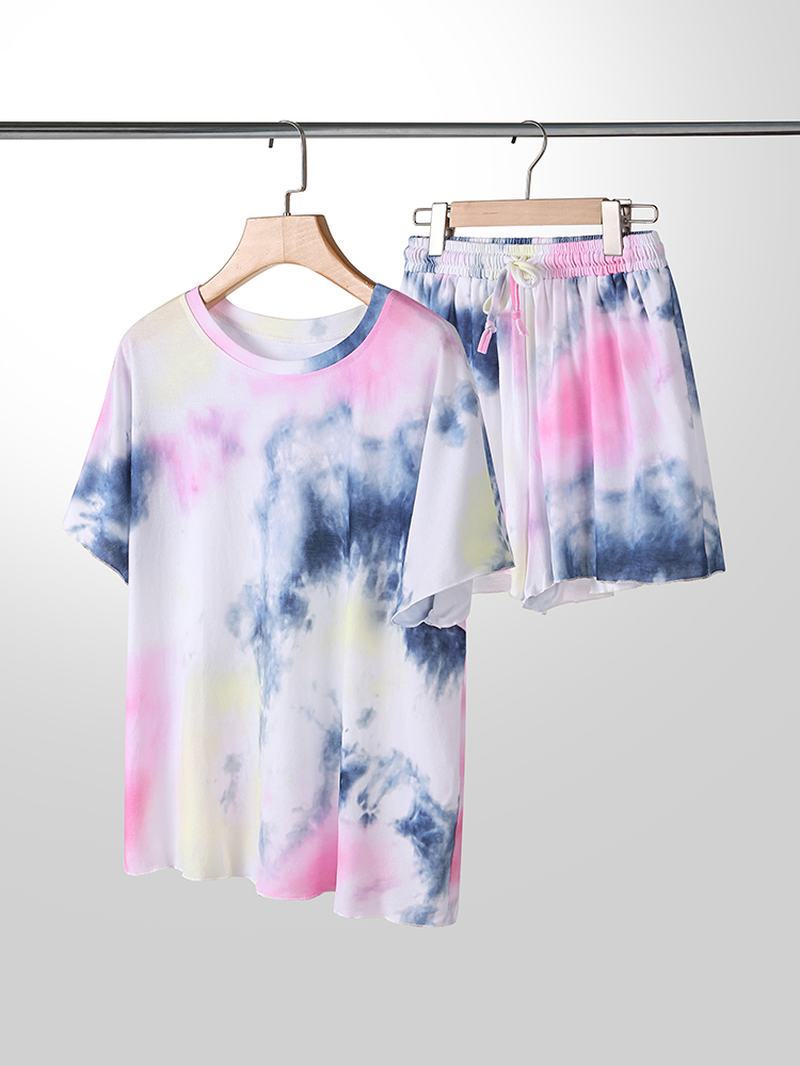 Plus Size Damskie Tie-dye Z Krótkim Rękawem I Sznurkiem Dorywczo Zestaw Piżamy