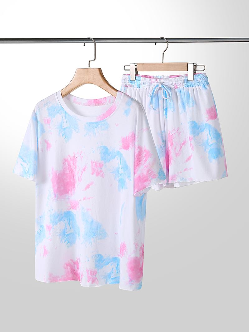 Plus Size Damskie Tie-dye Z Krótkim Rękawem I Sznurkiem Dorywczo Zestaw Piżamy