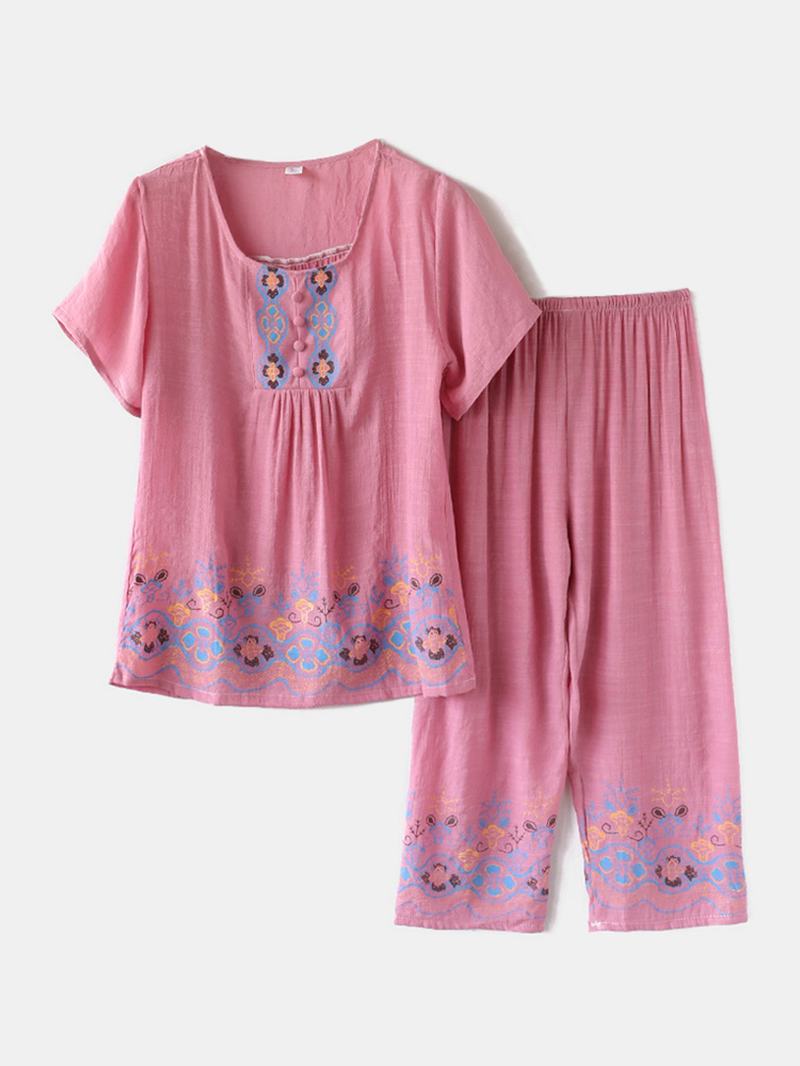 Plus Size Damskie Vintage Drukowanie Loungewear Przytulna Luźna Piżama