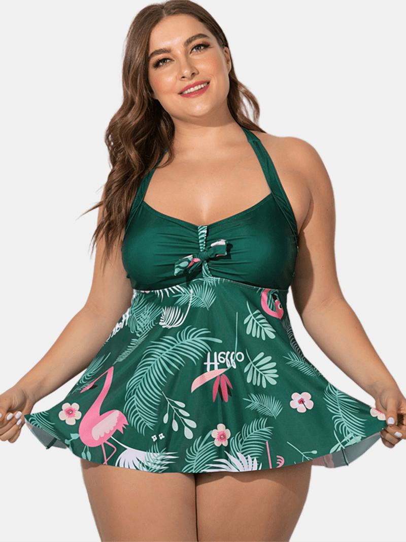 Plus Size Halter Flora Printed Sukienka Kąpielowa Z Majtkami