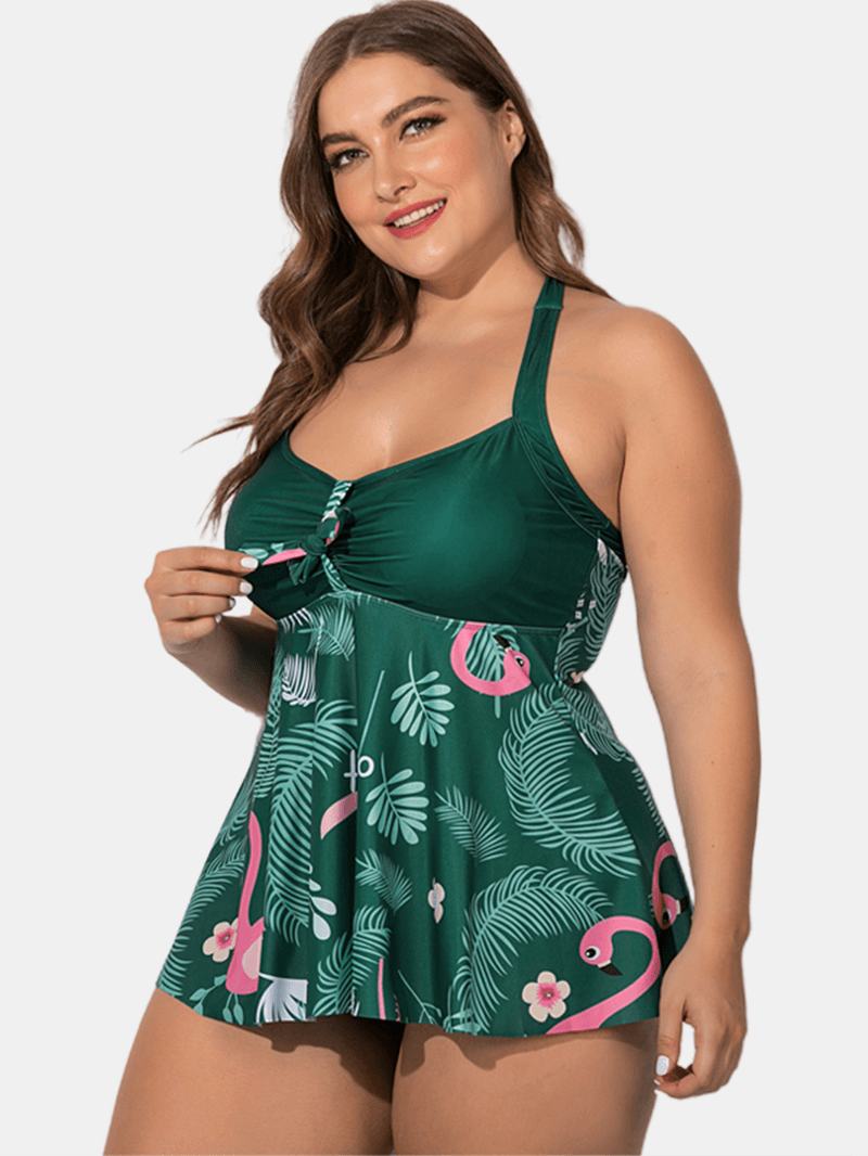 Plus Size Halter Flora Printed Sukienka Kąpielowa Z Majtkami