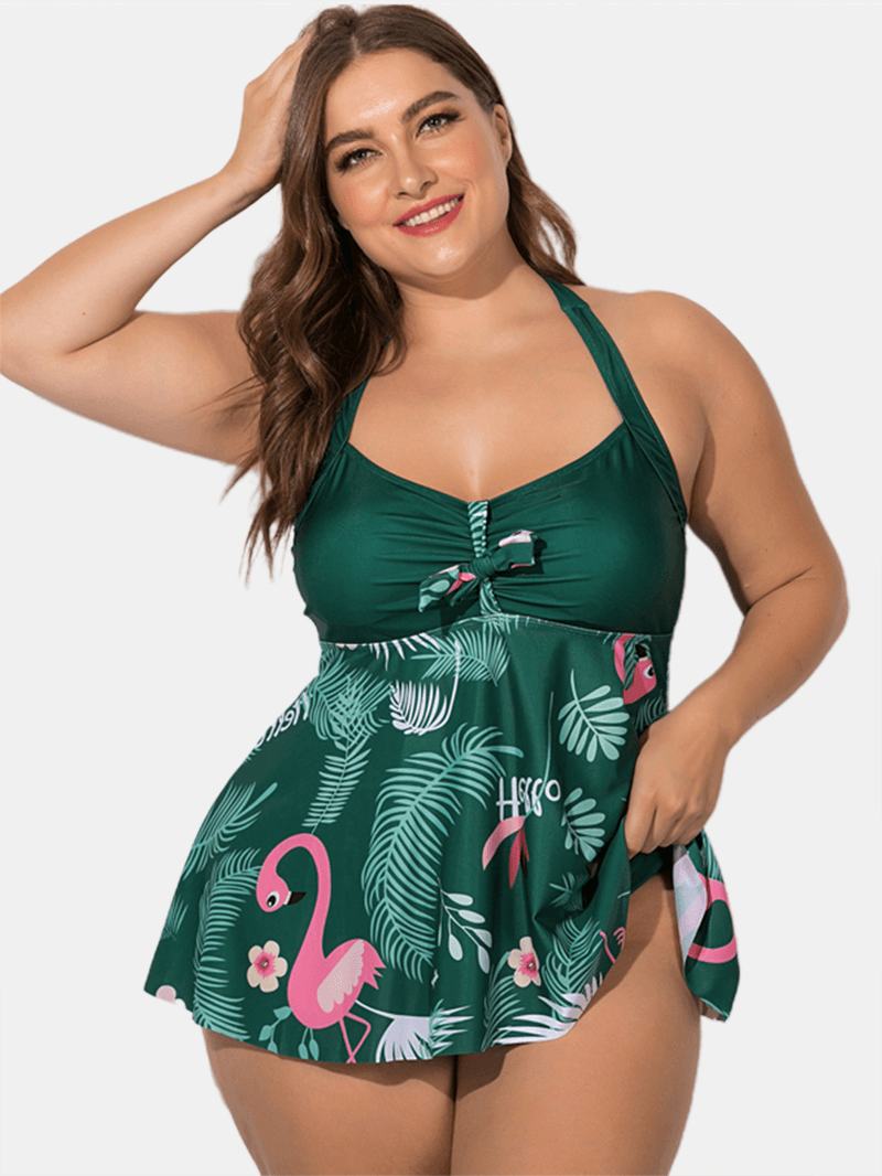 Plus Size Halter Flora Printed Sukienka Kąpielowa Z Majtkami