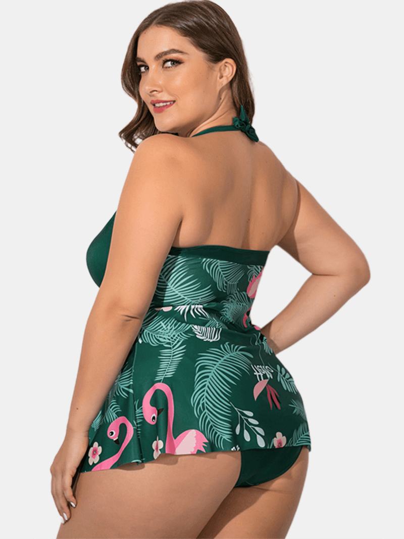 Plus Size Halter Flora Printed Sukienka Kąpielowa Z Majtkami