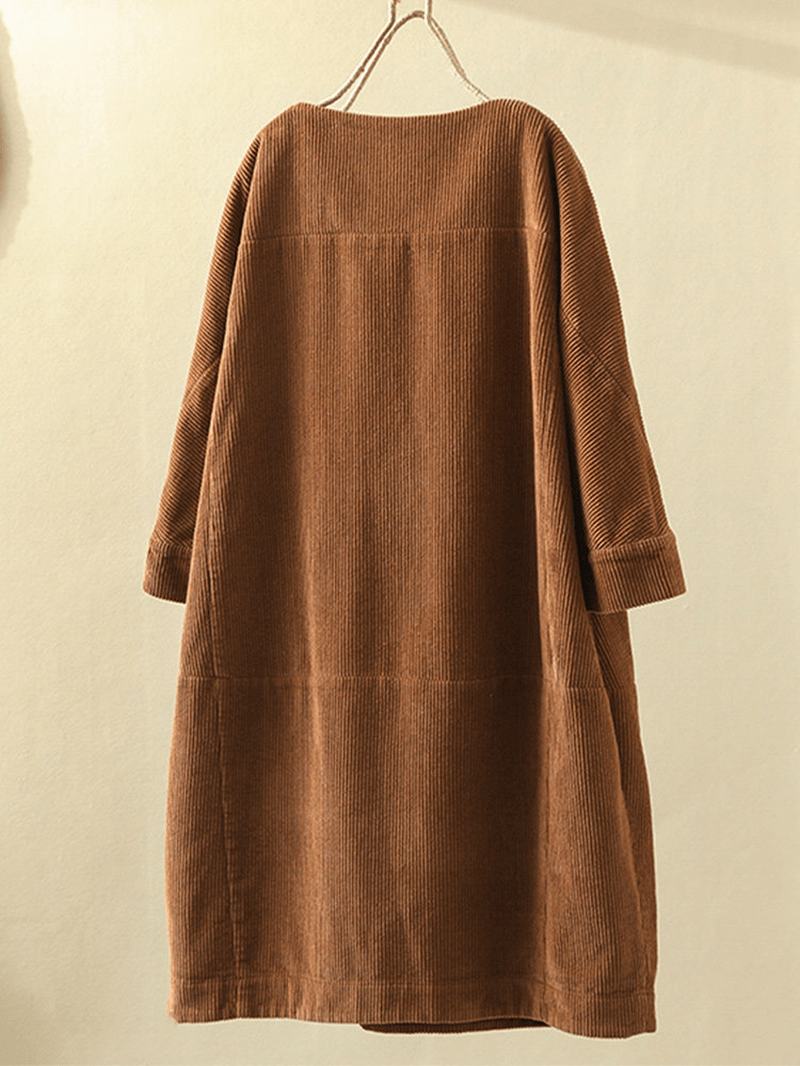 Plus Size Jednolity Kolor Sztruksowa Sukienka Z Okrągłym Dekoltem W Stylu Vintage O Luźnym Kroju