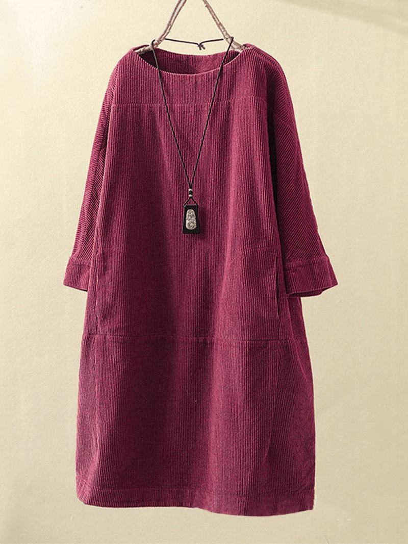 Plus Size Jednolity Kolor Sztruksowa Sukienka Z Okrągłym Dekoltem W Stylu Vintage O Luźnym Kroju