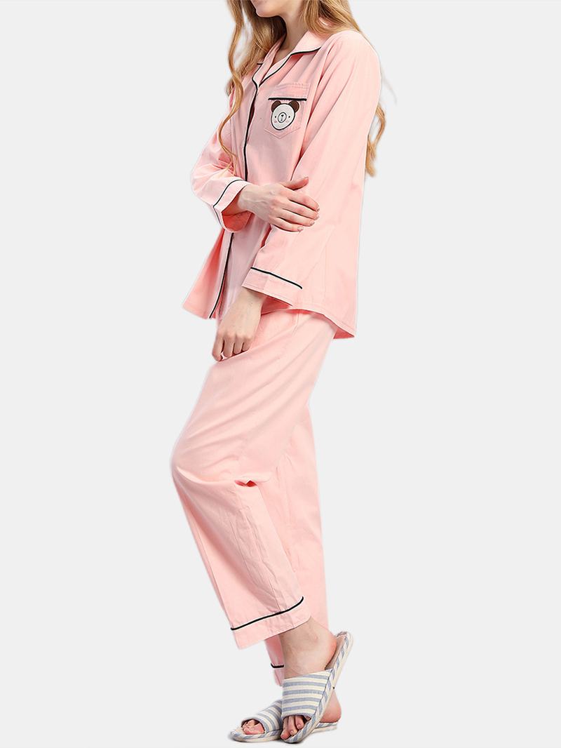 Plus Size Kobiety 100% Bawełna Cartoon Aplikacja Lapel Długie Piżamy Z Kontrastowym Wiązaniem