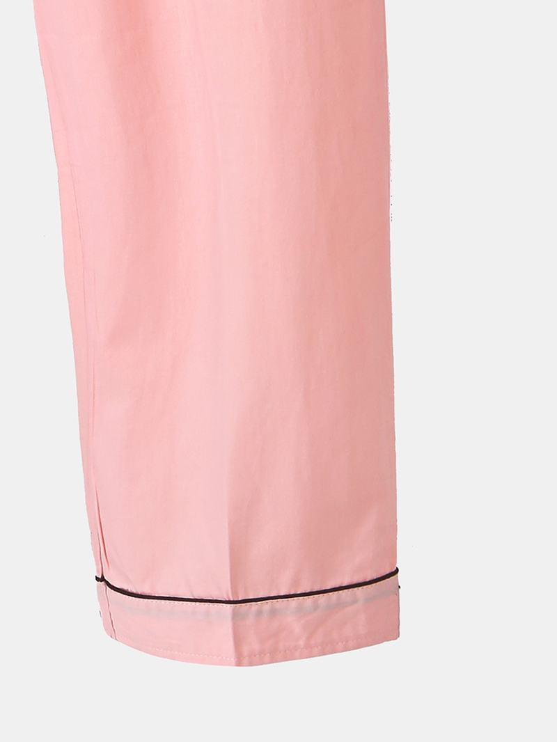 Plus Size Kobiety 100% Bawełna Cartoon Aplikacja Lapel Długie Piżamy Z Kontrastowym Wiązaniem