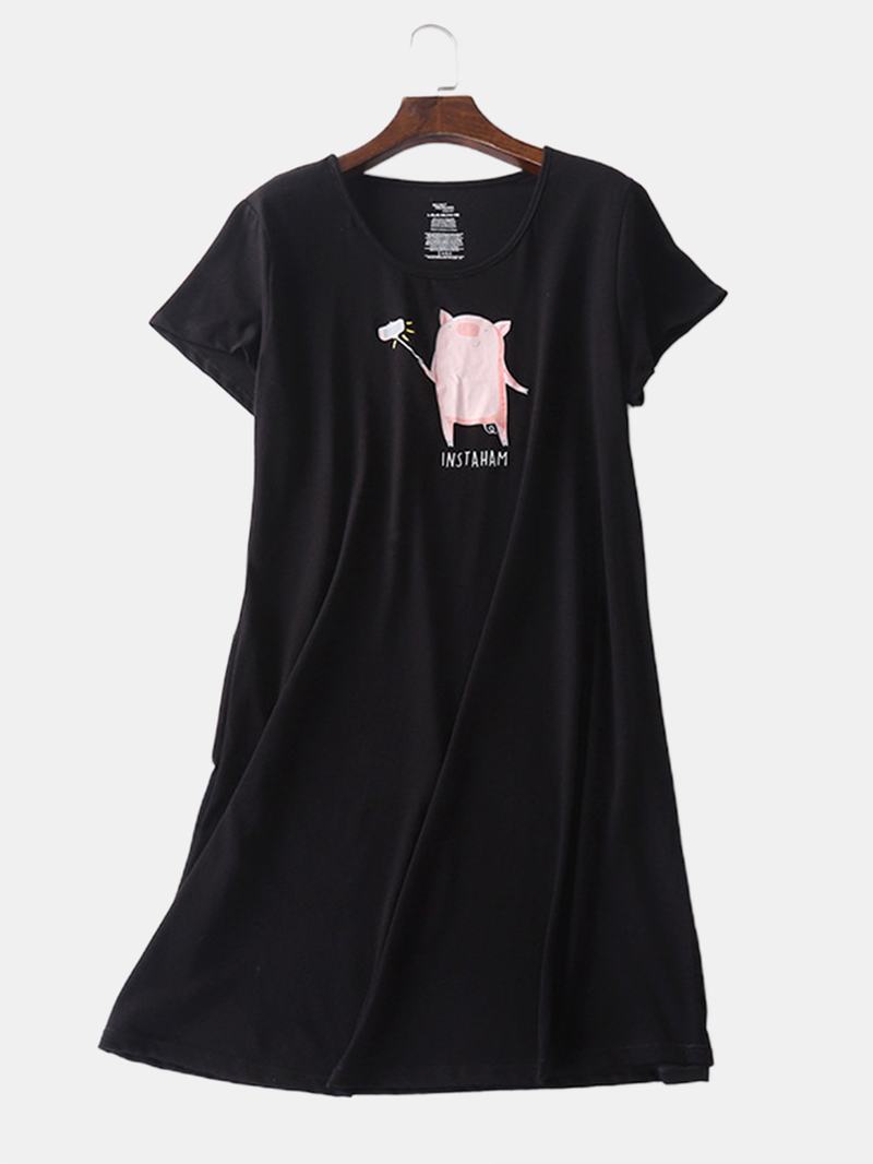 Plus Size Kobiety Cartoon Pig Drukowanie Softies Krótki Rękaw Home Casual Koszula Nocna