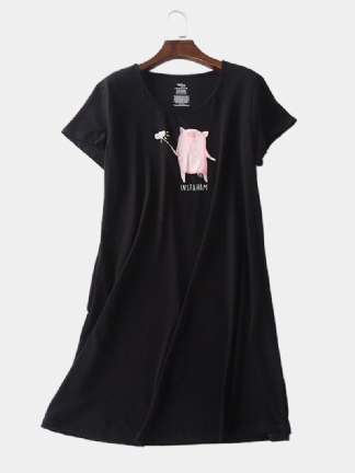 Plus Size Kobiety Cartoon Pig Drukowanie Softies Krótki Rękaw Home Casual Koszula Nocna
