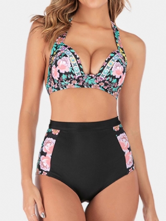 Plus Size Kobiety Floeal Drukowanie Patchwork Wysoka Talia Bikini Backless Stroje Kąpielowe