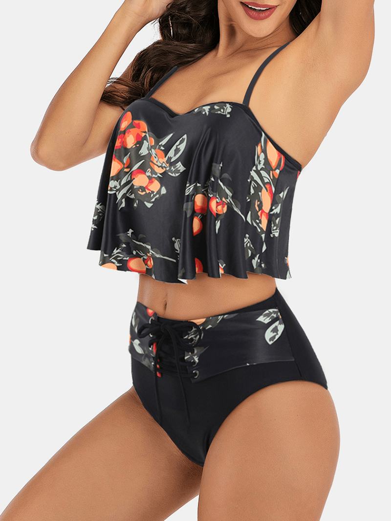 Plus Size Kobiety Floral Drukowanie Spaghetti Pasy Wysoka Talia Bandaż Tankini