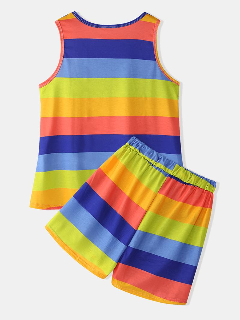 Plus Size Kobiety Kolorowe Paski Bez Rękawów Tank Tops Kieszonkowe Szorty Zestaw Piżamy