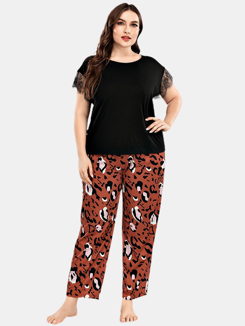 Plus Size Kobiety Koronkowe CZarne Spodnie Z Krótkim Rękawem Leopard Home Casual Zestaw Piżam