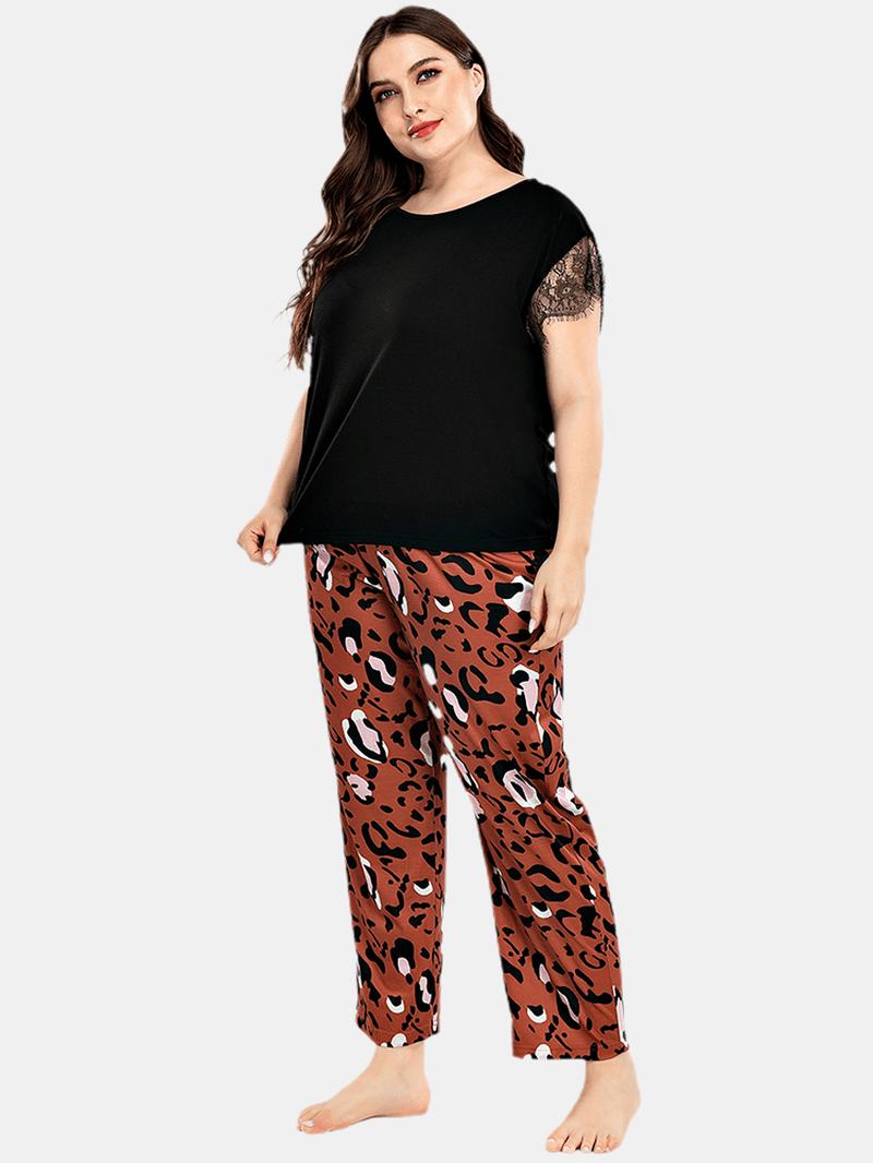 Plus Size Kobiety Koronkowe CZarne Spodnie Z Krótkim Rękawem Leopard Home Casual Zestaw Piżam