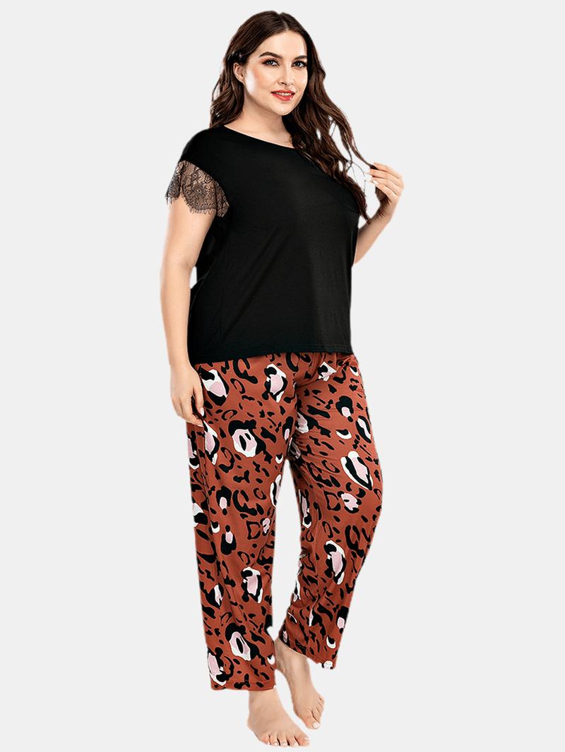 Plus Size Kobiety Koronkowe CZarne Spodnie Z Krótkim Rękawem Leopard Home Casual Zestaw Piżam