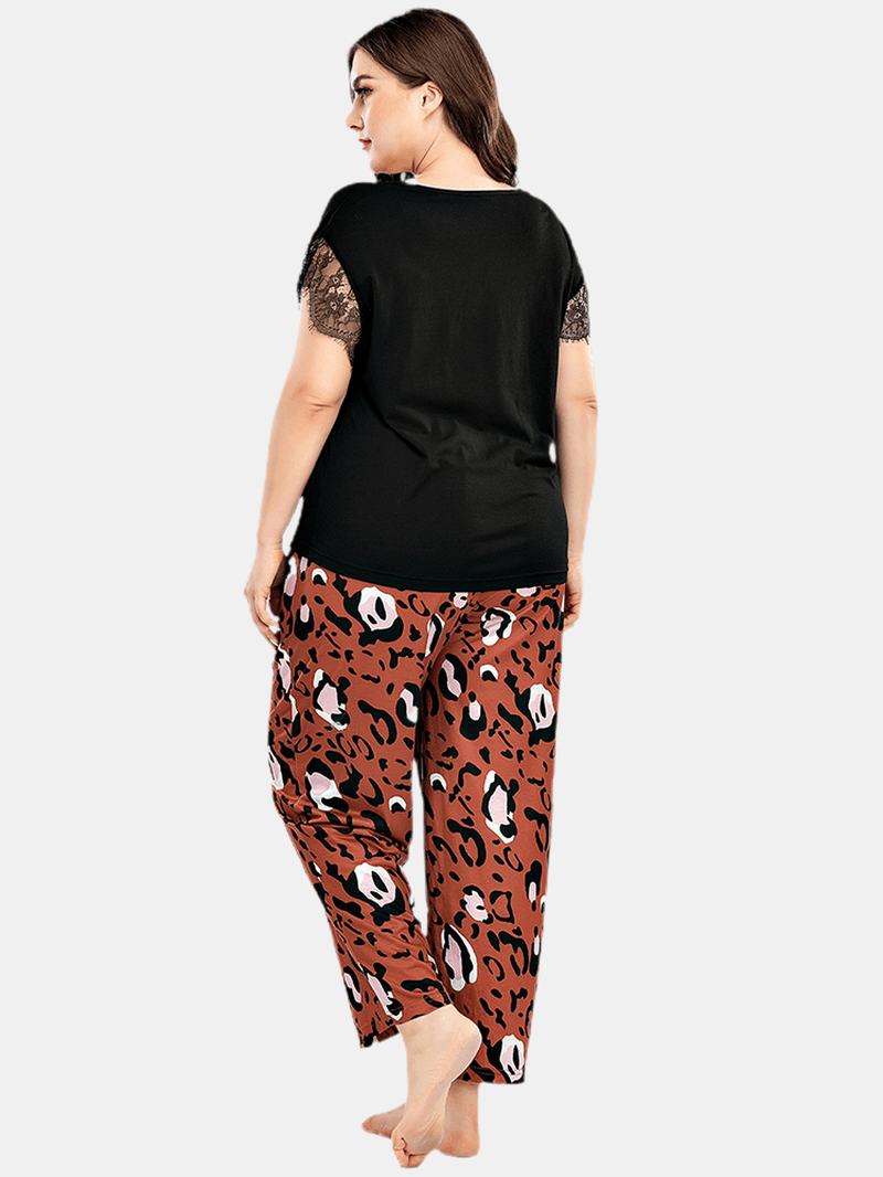 Plus Size Kobiety Koronkowe CZarne Spodnie Z Krótkim Rękawem Leopard Home Casual Zestaw Piżam