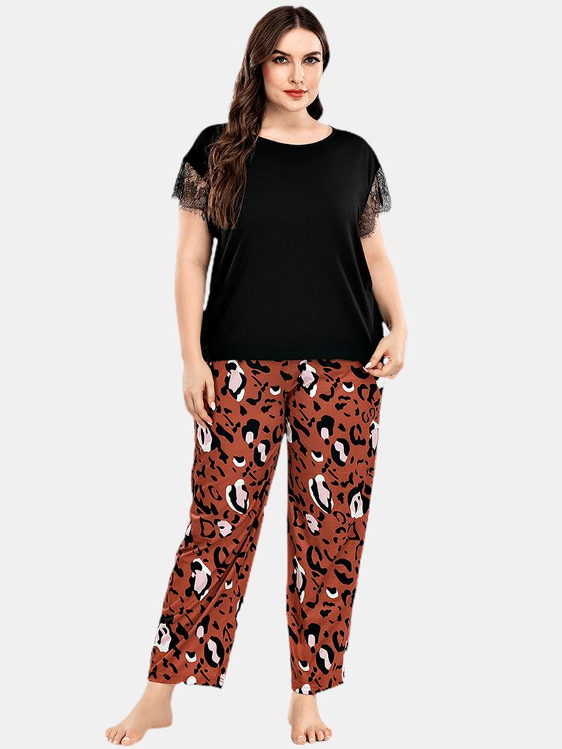 Plus Size Kobiety Koronkowe CZarne Spodnie Z Krótkim Rękawem Leopard Home Casual Zestaw Piżam