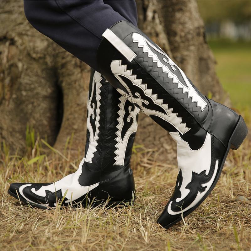 Plus Size Kobiety Pointed Toe Pattern Slip On Chunky Heel Cowboy Boots