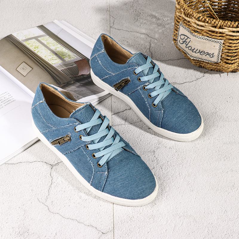 Plus Size Kobiety Retro Zipper Decor Canvas Lace Up Flat Casual Shoes