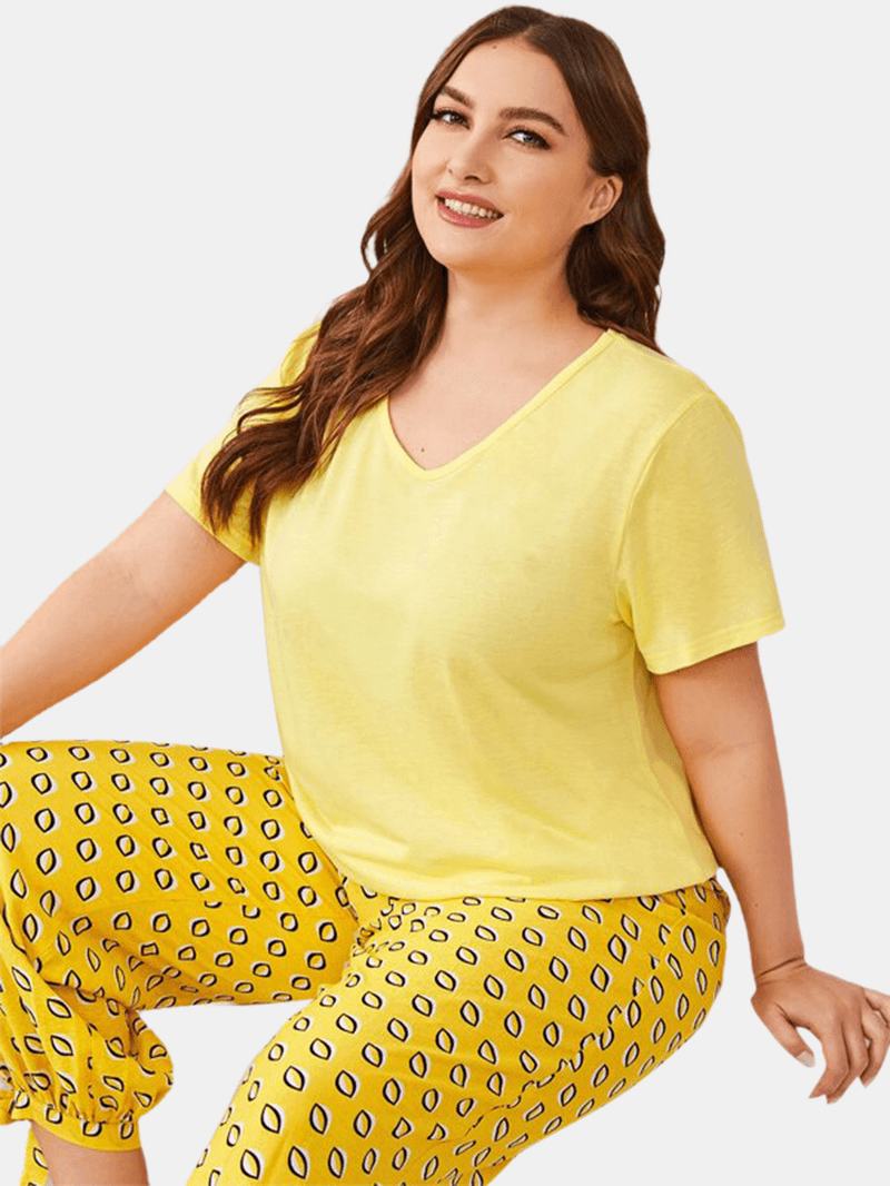 Plus Size Kobiety Solid Color V-neck Top Drukowanie Sznurek Tie Beam Feet Długie Spodnie Domowe Zestawy Piżam