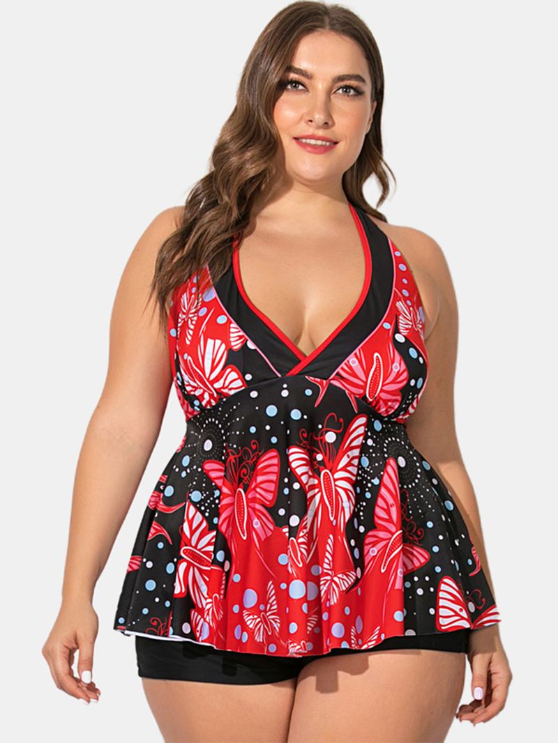 Plus Size Kobiety Swimsuit Halter String Floral Drukowanie V-neck Backless Swimsuit