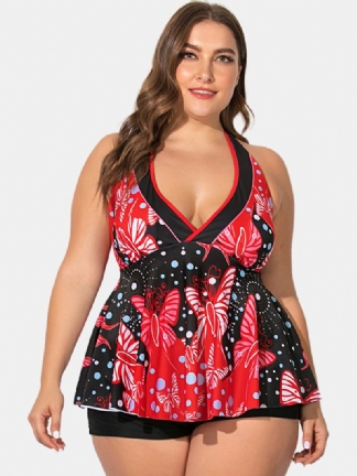 Plus Size Kobiety Swimsuit Halter String Floral Drukowanie V-neck Backless Swimsuit