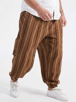 Plus Size Męskie Bawełniane Spodnie Jogger W Paski W Stylu Vintage Ze Średnim Stanem