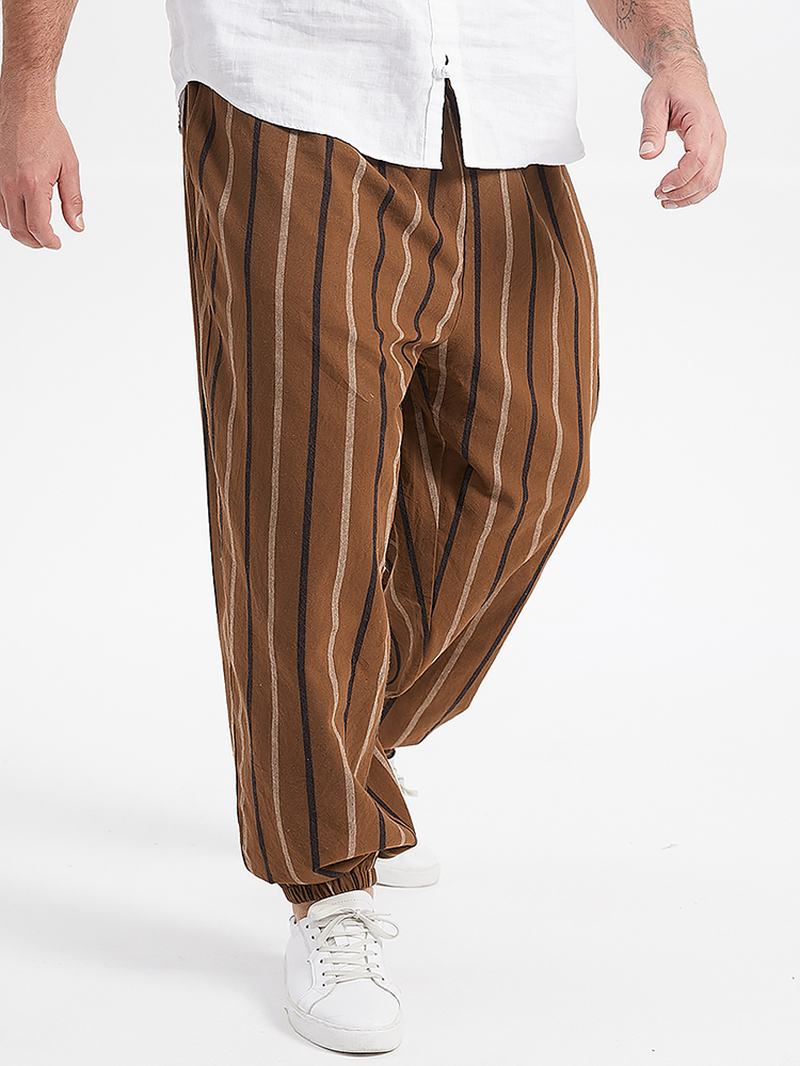 Plus Size Męskie Bawełniane Spodnie Jogger W Paski W Stylu Vintage Ze Średnim Stanem