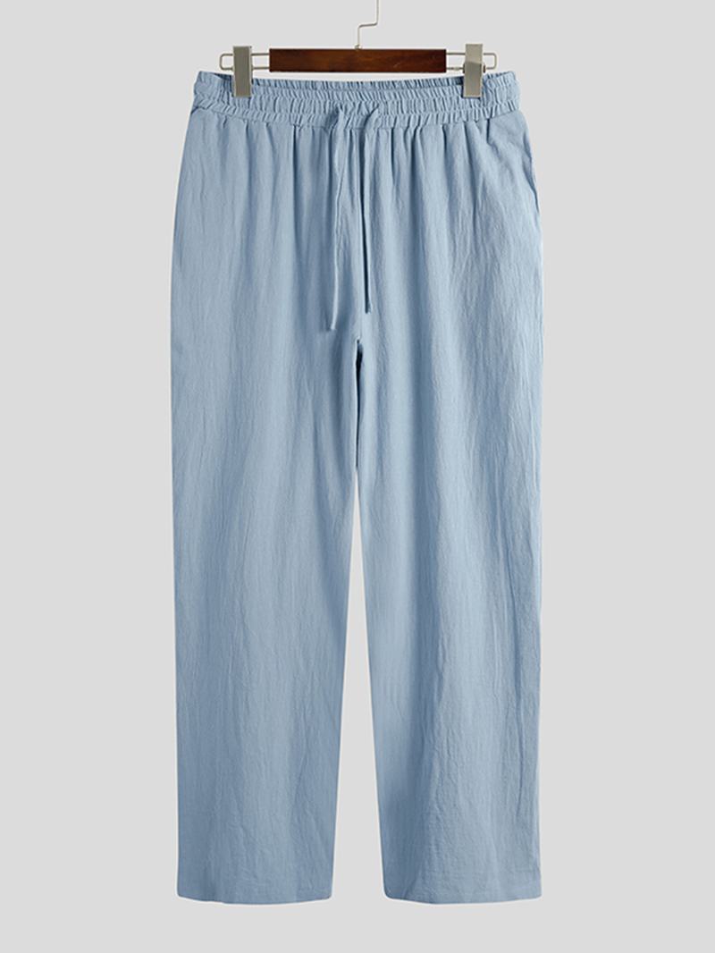 Plus Size Męskie Bawełniane Spodnie Ze Sznurkiem W Jednolitym Kolorze Z Kieszenią