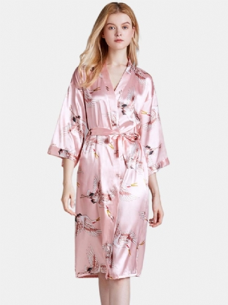 Plus Size Żuraw Printed Half Sleeve Longline Kimono Robe Bielizna Nocna