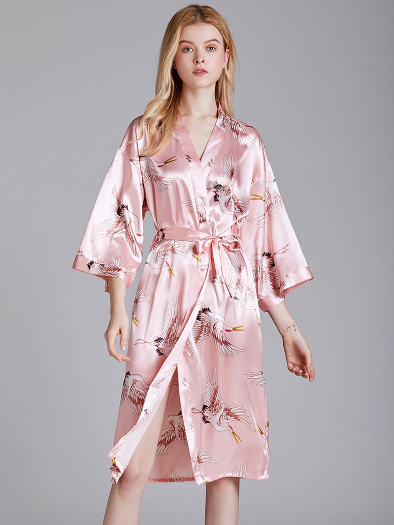 Plus Size Żuraw Printed Half Sleeve Longline Kimono Robe Bielizna Nocna