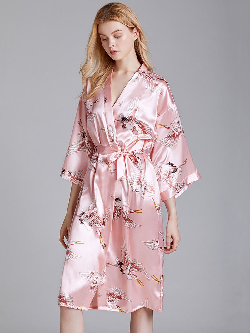 Plus Size Żuraw Printed Half Sleeve Longline Kimono Robe Bielizna Nocna