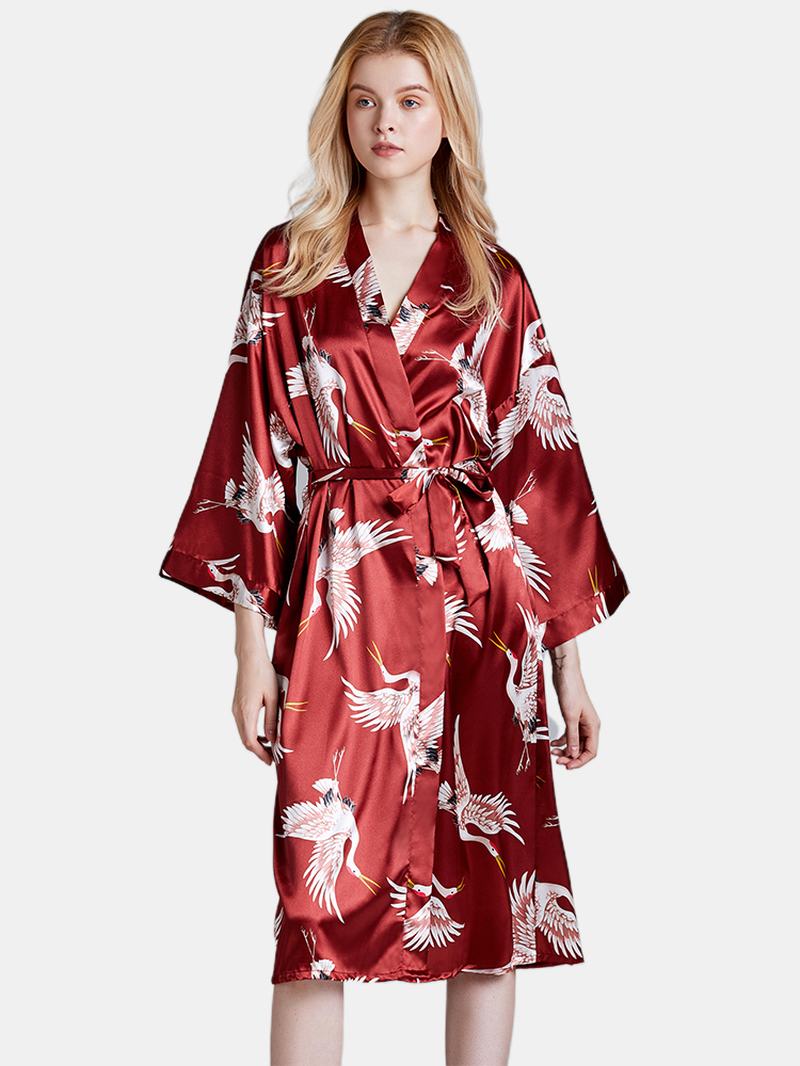 Plus Size Żuraw Printed Half Sleeve Longline Kimono Robe Bielizna Nocna