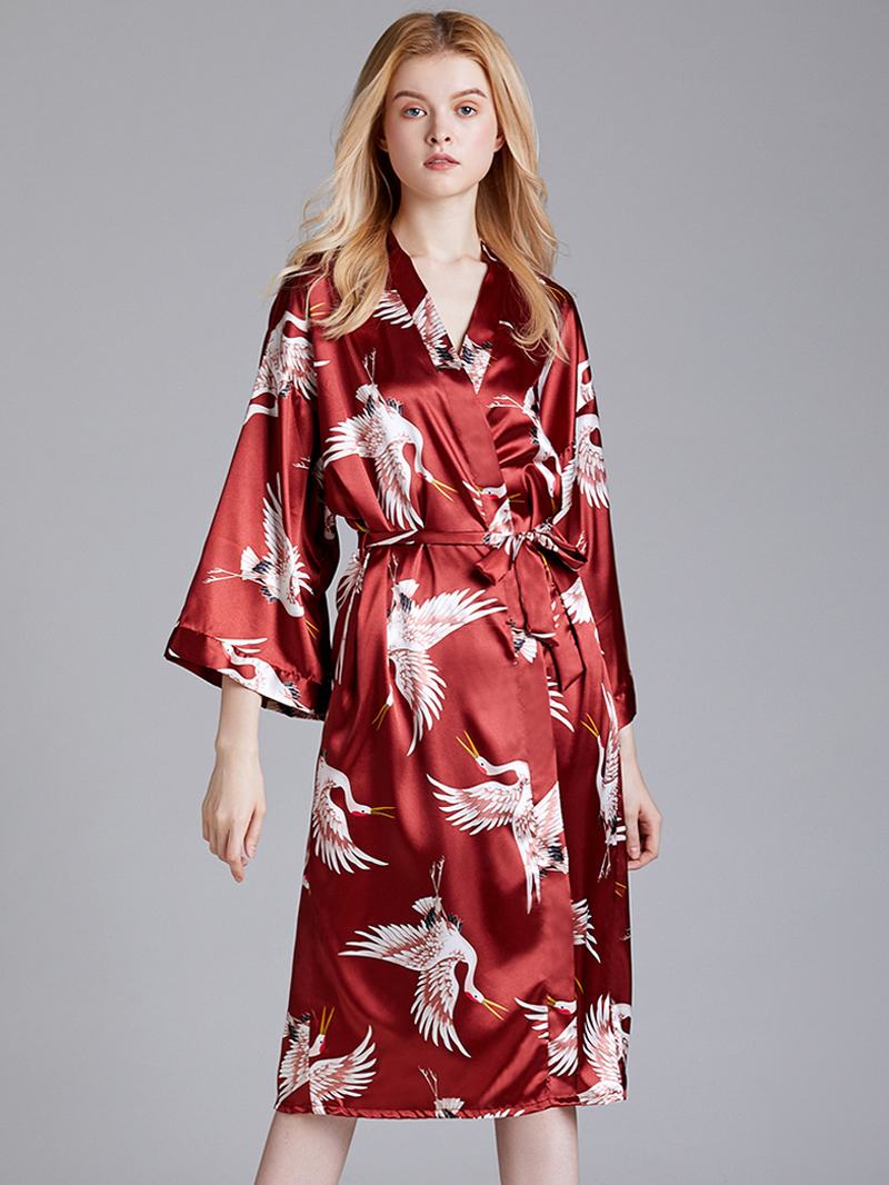 Plus Size Żuraw Printed Half Sleeve Longline Kimono Robe Bielizna Nocna