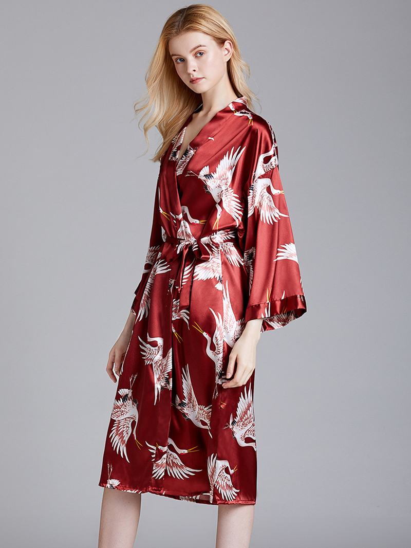 Plus Size Żuraw Printed Half Sleeve Longline Kimono Robe Bielizna Nocna