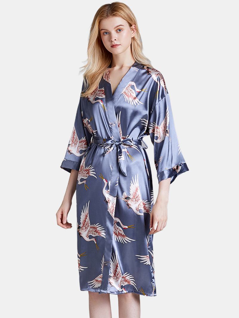 Plus Size Żuraw Printed Half Sleeve Longline Kimono Robe Bielizna Nocna
