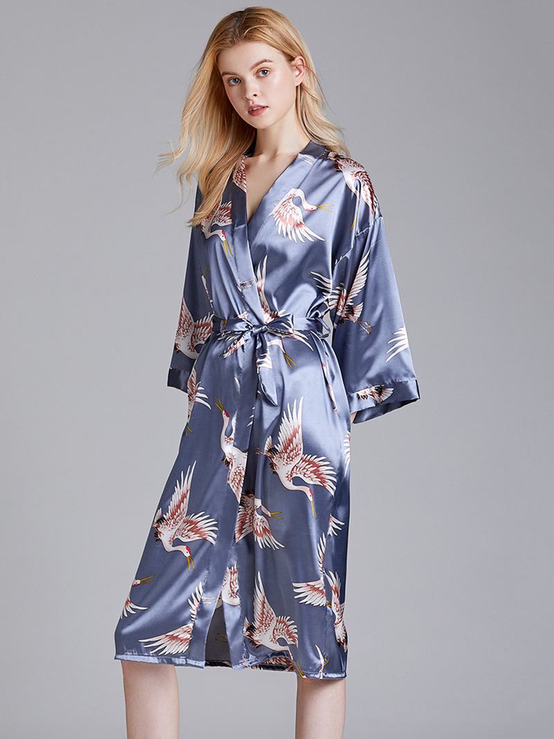 Plus Size Żuraw Printed Half Sleeve Longline Kimono Robe Bielizna Nocna