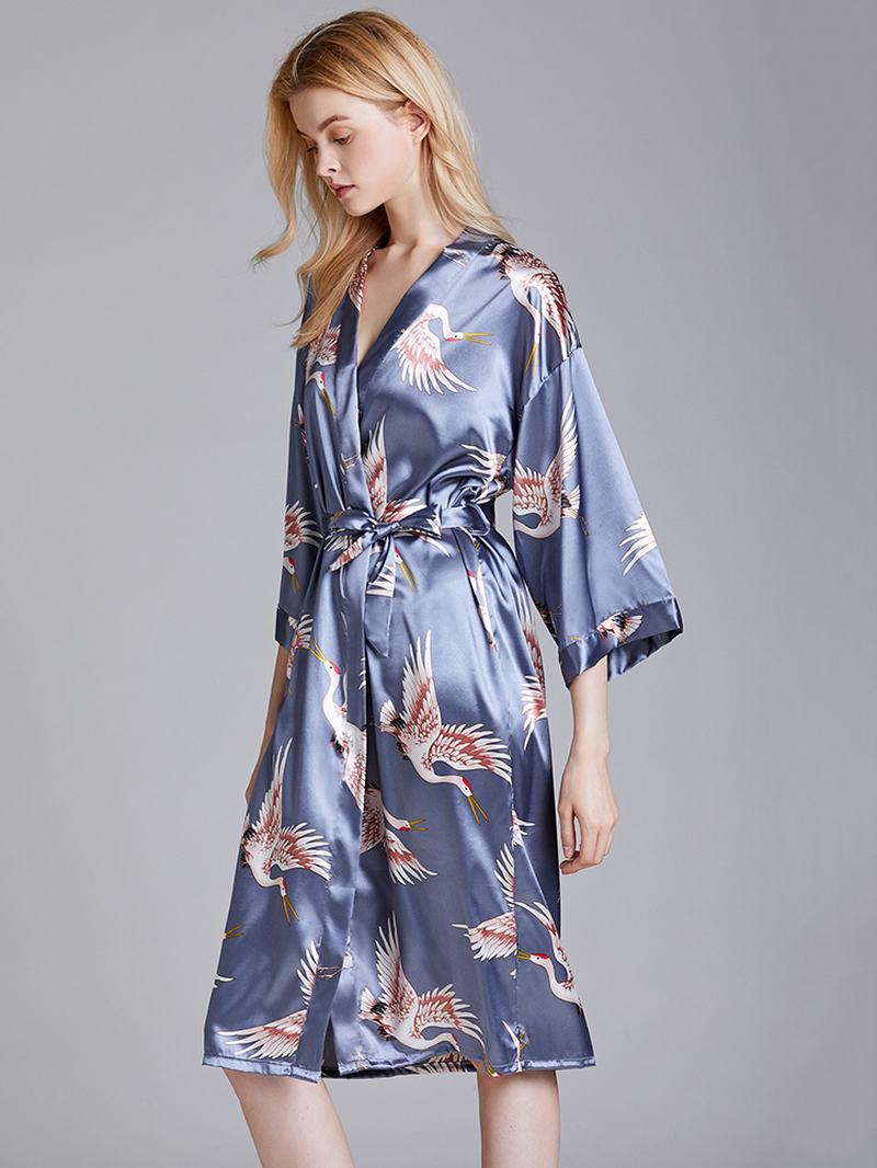 Plus Size Żuraw Printed Half Sleeve Longline Kimono Robe Bielizna Nocna