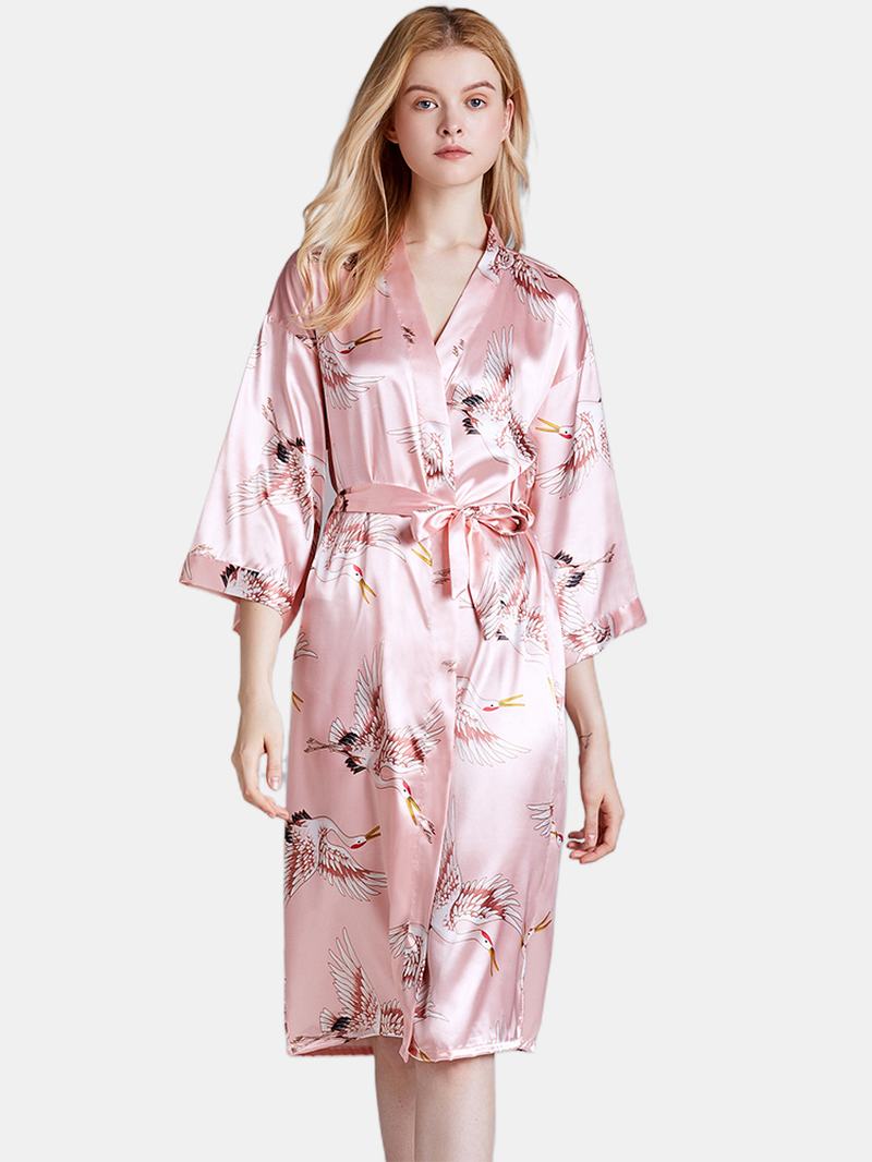 Plus Size Żuraw Printed Half Sleeve Longline Kimono Robe Bielizna Nocna