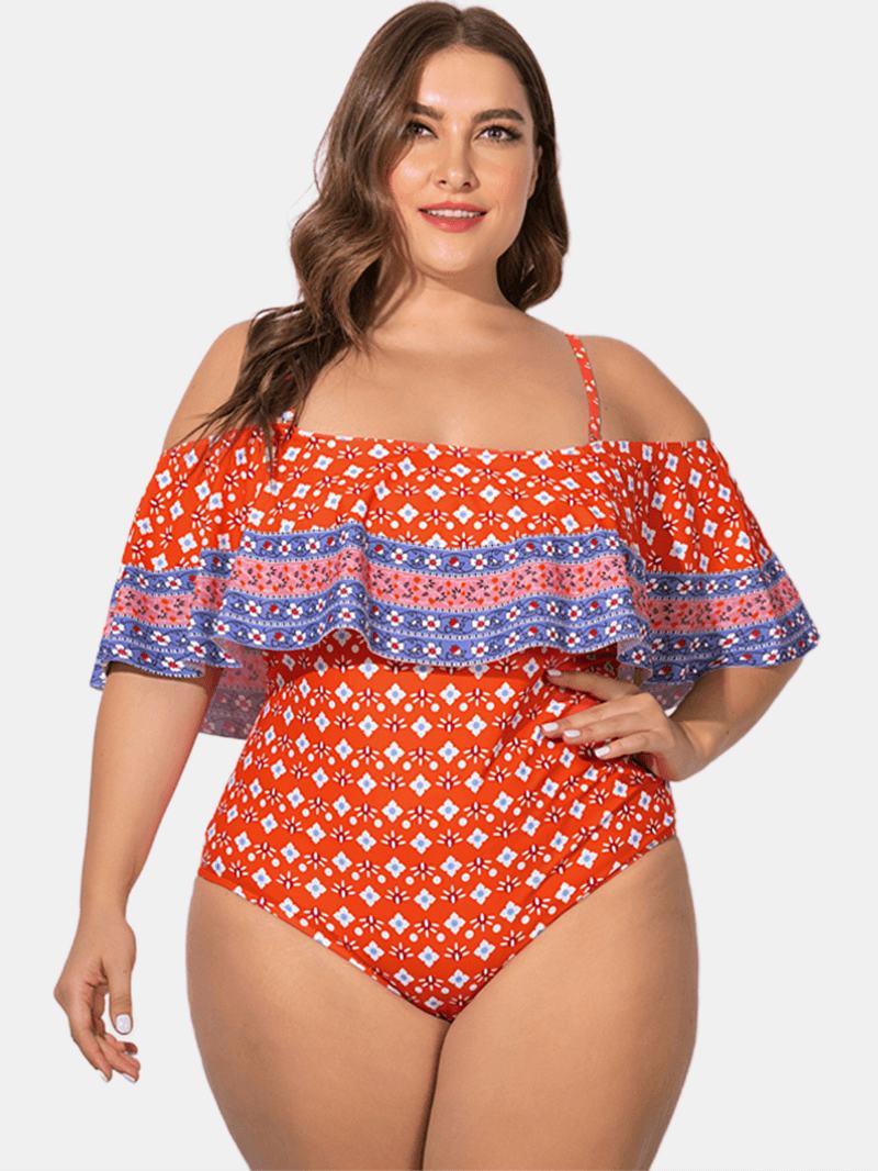 Plus Size Stroje Kąpielowe Z Odkrytymi Ramionami I Falbanami